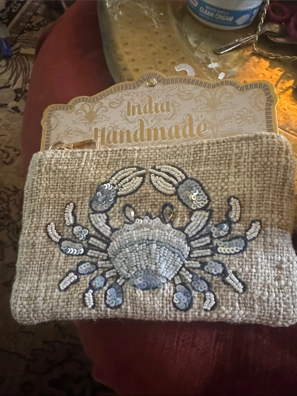 Handmade Beige Sequin Crab Embellished Clutch Wristlet